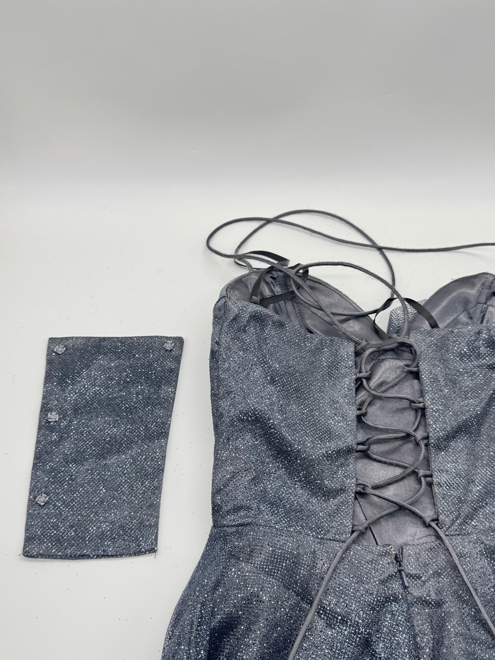 Charcoal Sparkly Corset Gown - Tie Back Dress with Long Train - Picture 10 of 11